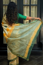 Maheshwari Silk Cotton Hand Block Printed Saree - Ivory, Mustard Yellow, Sage Green & Gold
