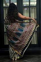 Maheshwari Silk Cotton Bagru Printed Saree - Black, Ivory, Rust & Indigo_3