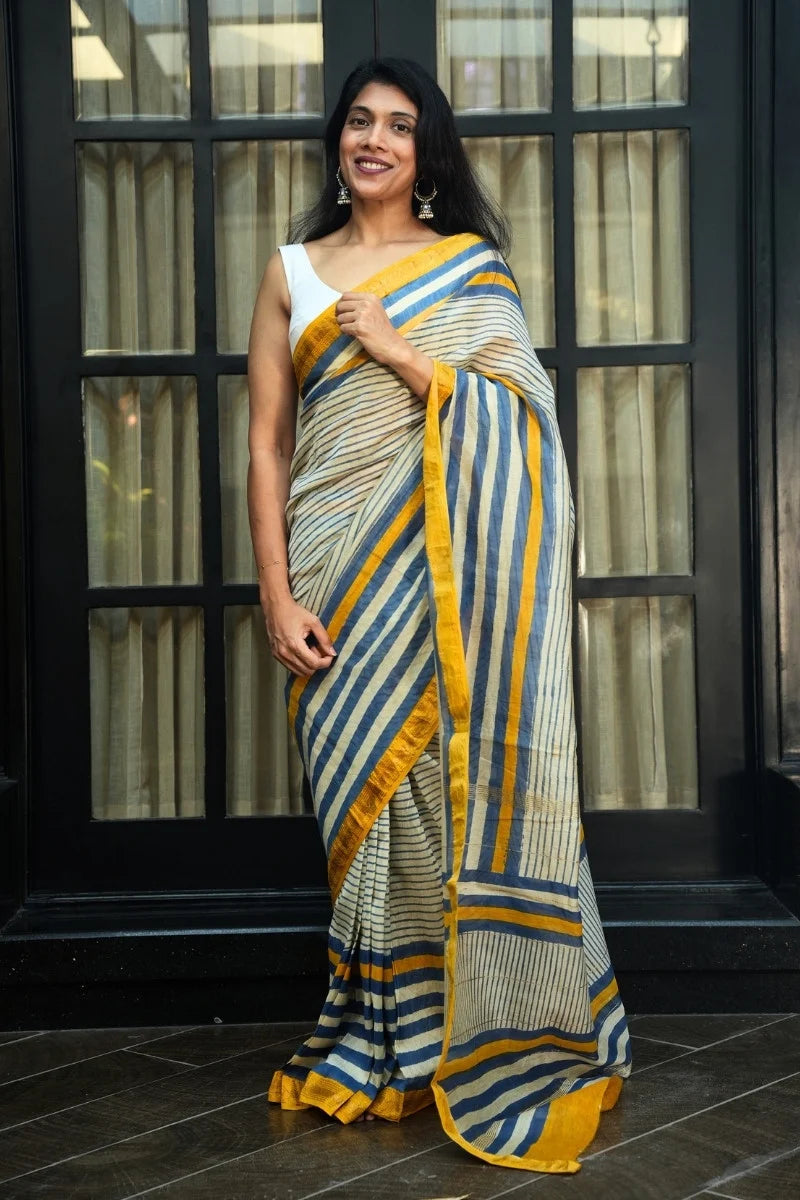 Maheshwari Silk Cotton Hand Block Printed Saree - Ivory, Indigo & Mustard Gold_1