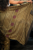 Pure Modal Silk Saree -  Olive Brown, Maroon & Gold | Natural Dye Ajrakh Vanaspati Print