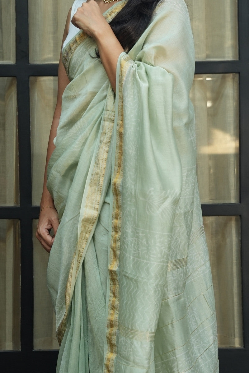 Maheshwari Silk Cotton Hand Block Printed Saree - Sage Green & Gold