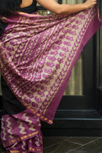 Chanderi Cotton Saree - Black, Rose Pink & Gold with Dabu Hand-Block Print Pallu