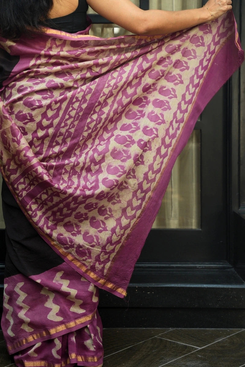 Chanderi Cotton Saree - Black, Rose Pink & Gold with Dabu Hand-Block Print Pallu