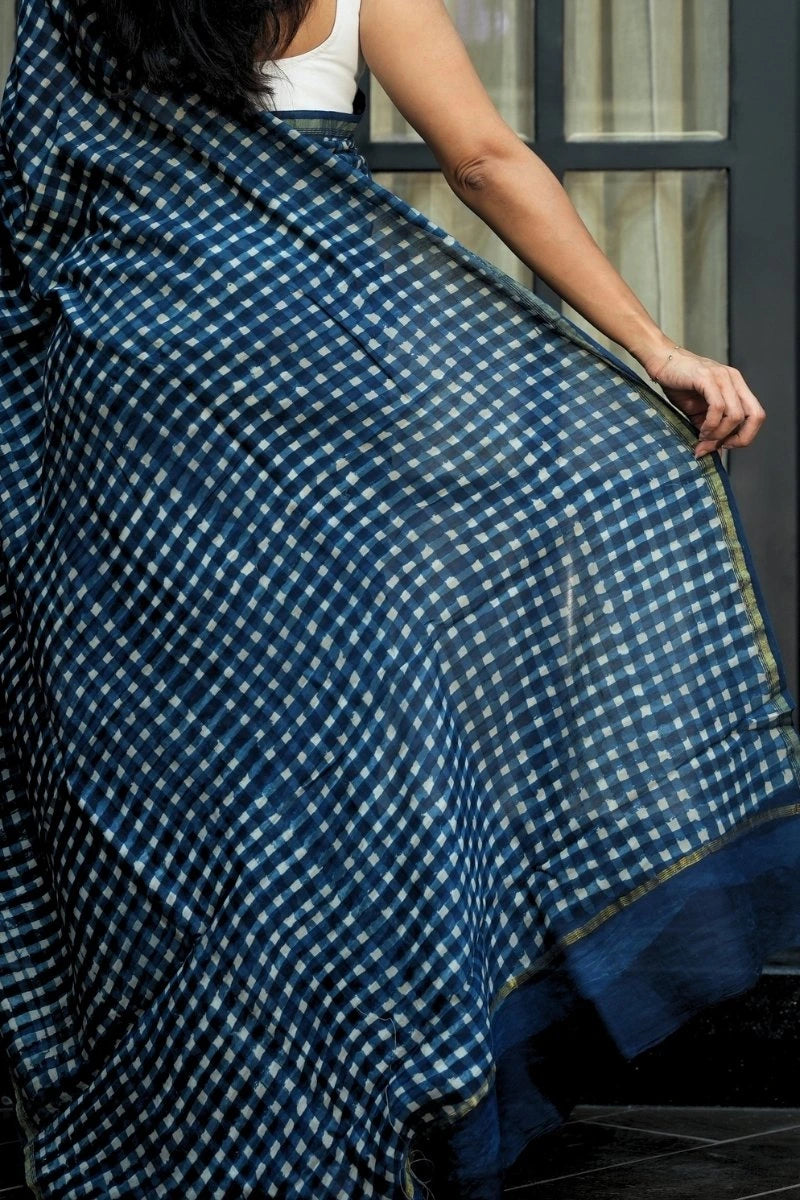 Chanderi Cotton Saree - Indigo Blue & Ivory Checks