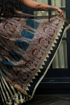 Maheshwari Silk Cotton Bagru Printed Saree - Black, Ivory, Rust & Indigo_4