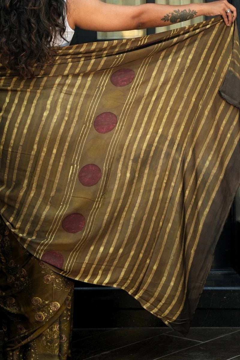 Pure Modal Silk Saree -  Olive Brown, Maroon & Gold | Natural Dye Ajrakh Vanaspati Print_3
