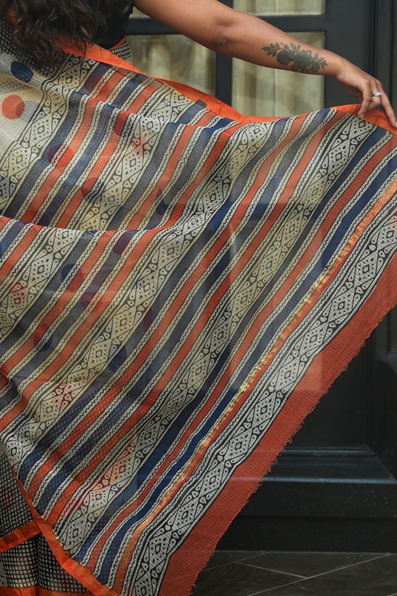 Kota Doriya Bagru Hand Block Printed Saree - Ivory, Rust & Indigo_4