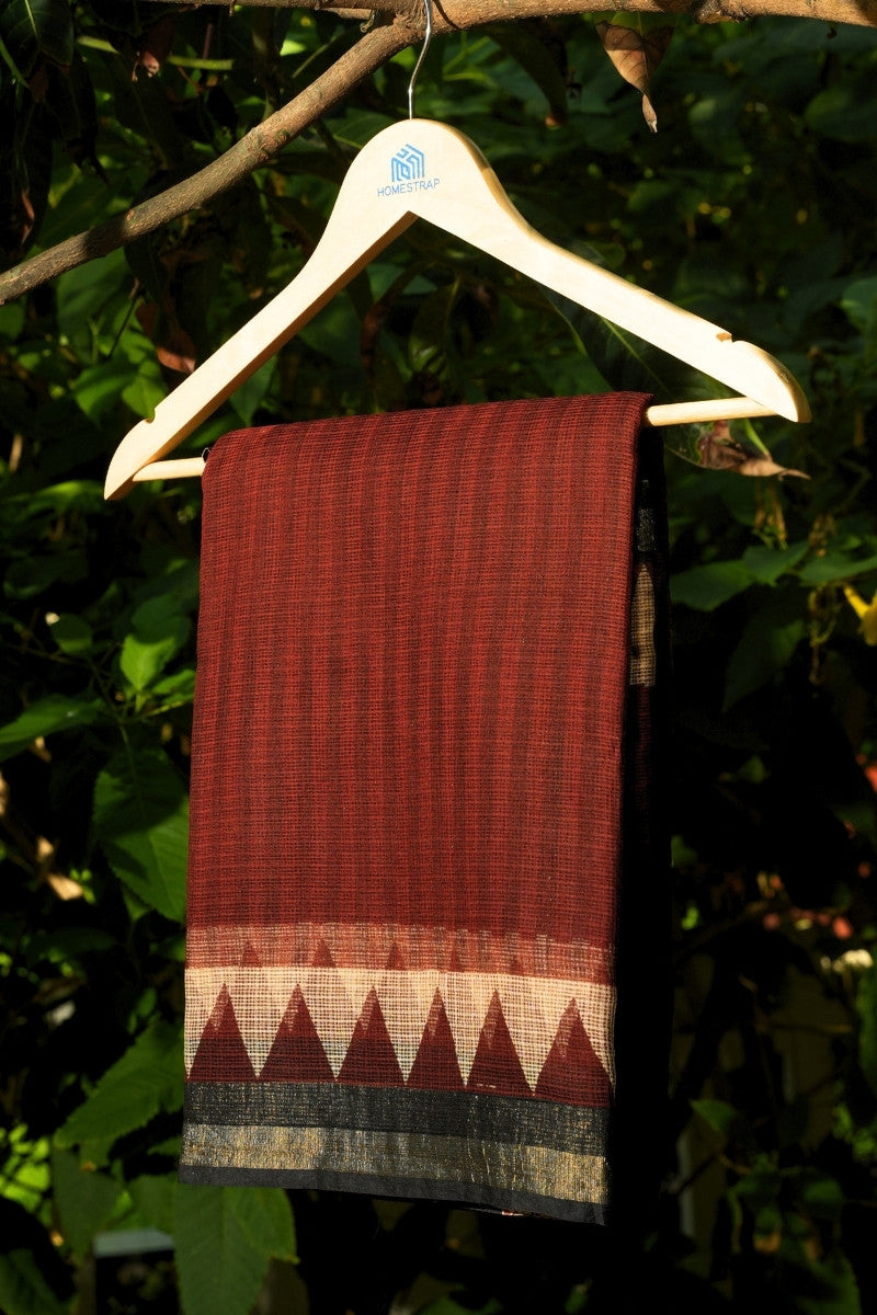 Deep maroon Kota Doria saree with Bagru block print pallu in earthy rust and black — GI-tagged Rajasthan Noolagam_5