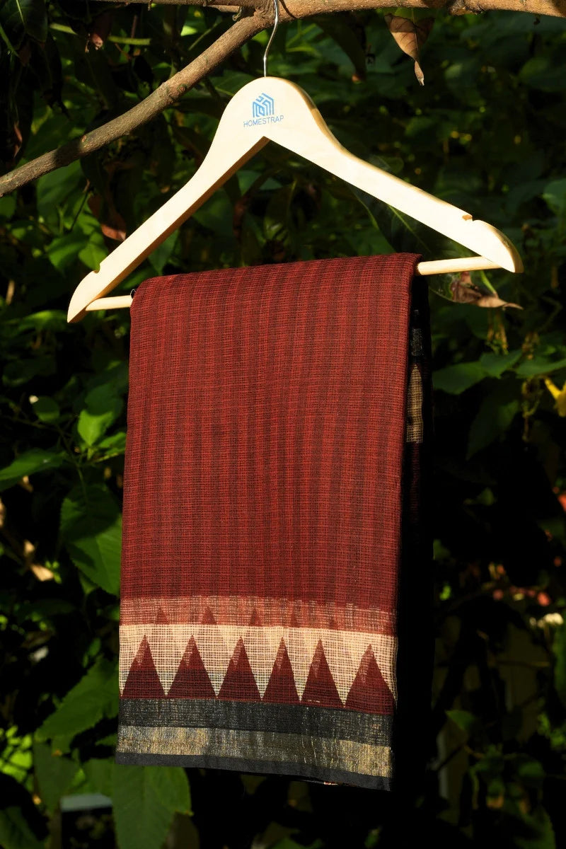 Kota Doria Bagru Printed Saree – Deep Maroon, Black & Rust_5