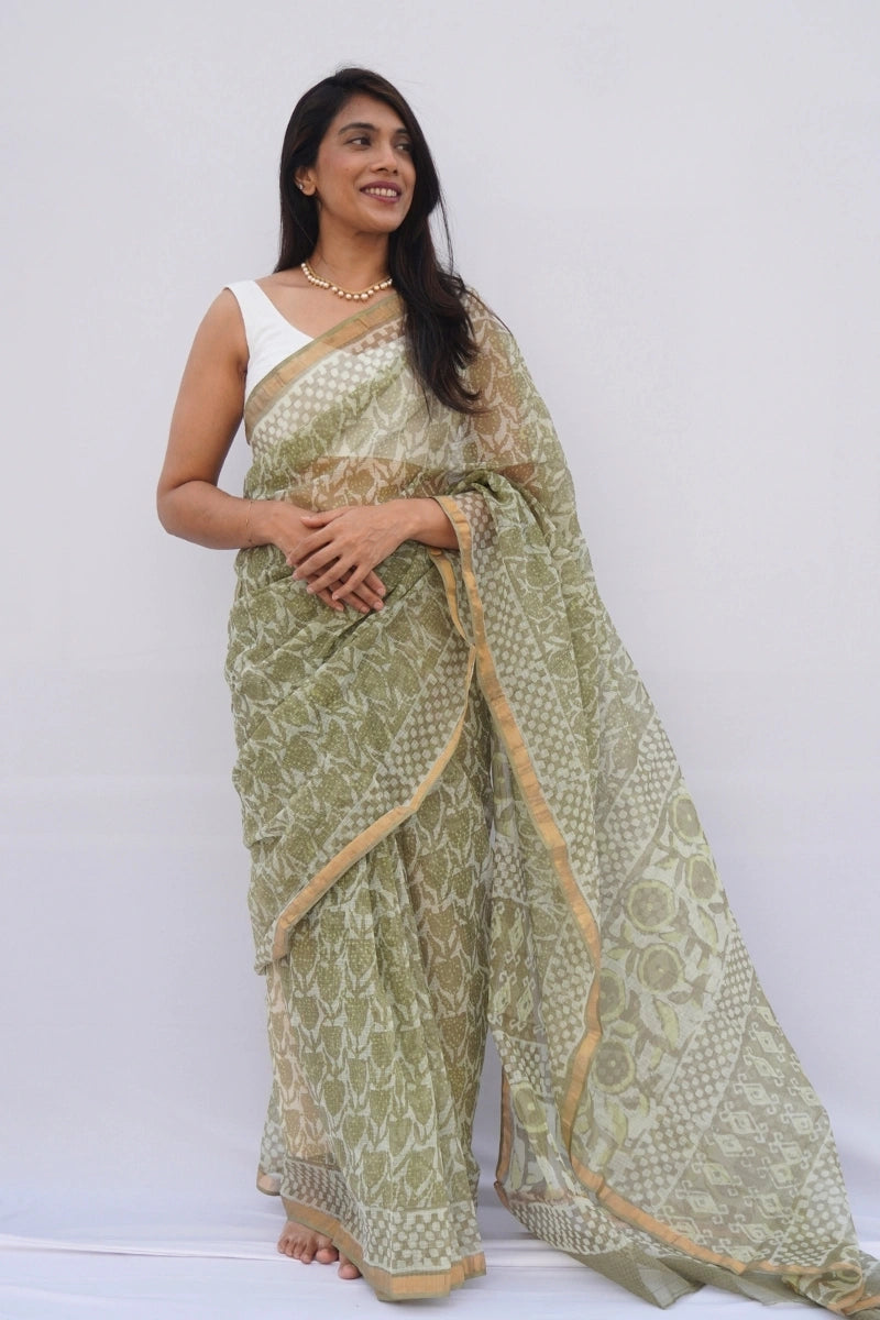 Sage Green Kota Doria Hand Block Printed Saree – Sage Green & Ivory