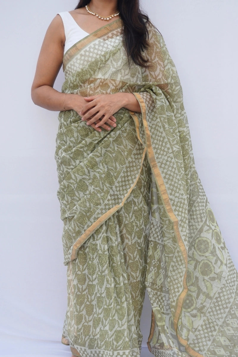 Sage Green Kota Doria Hand Block Printed Saree – Sage Green & Ivory