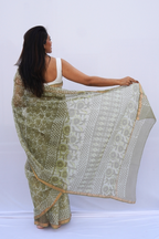 Sage Green Kota Doria Hand Block Printed Saree – Sage Green & Ivory