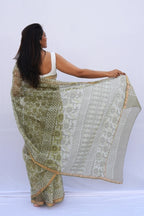 Sage Green Kota Doria Hand Block Printed Saree – Sage Green & Ivory
