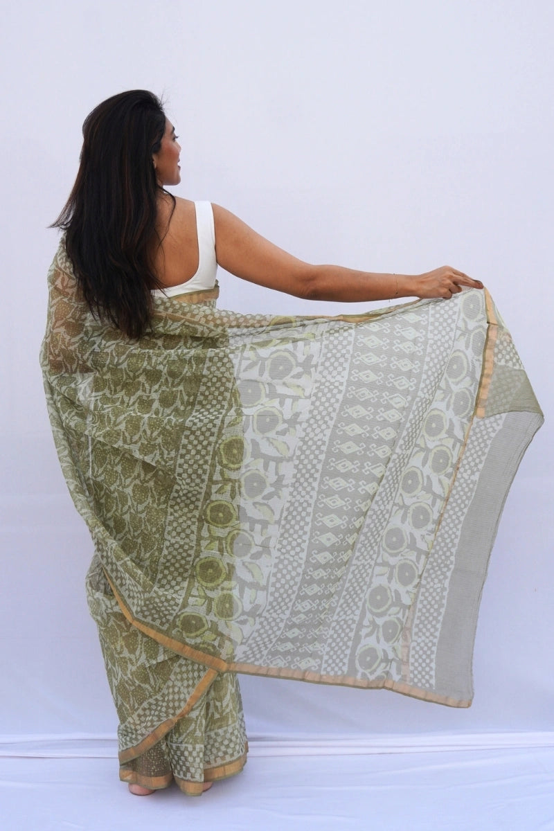 Sage Green Kota Doria Hand Block Printed Saree – Sage Green & Ivory