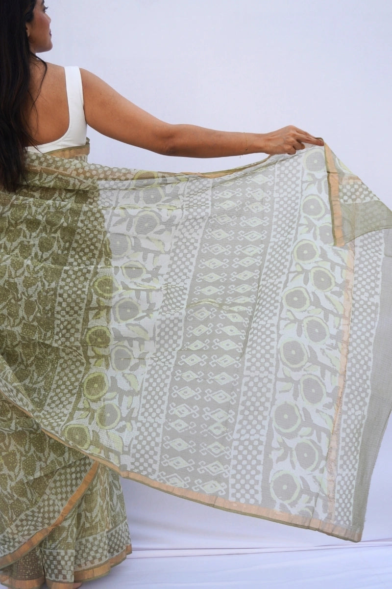 Sage Green Kota Doria Hand Block Printed Saree – Sage Green & Ivory
