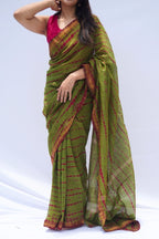 Maheshwari Silk Cotton Leheriya Saree – Olive Green & Crimson_2