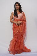 Terracotta Kota Doria Hand Block Printed Saree – Terracotta Orange & Ivory