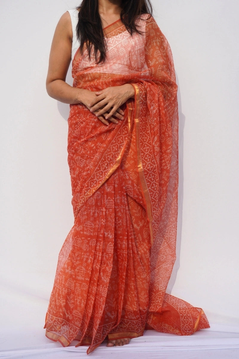 Terracotta Kota Doria Hand Block Printed Saree – Terracotta Orange & Ivory