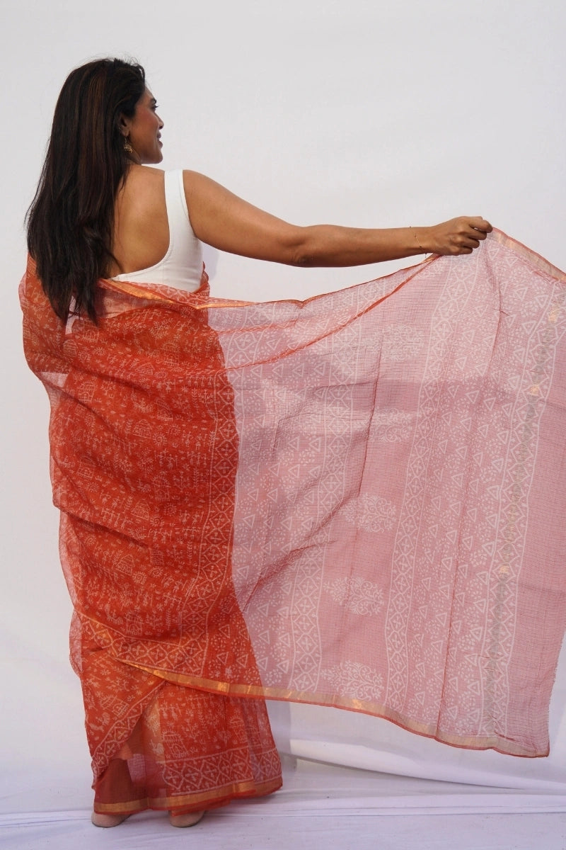 Terracotta Kota Doria Hand Block Printed Saree – Terracotta Orange & Ivory