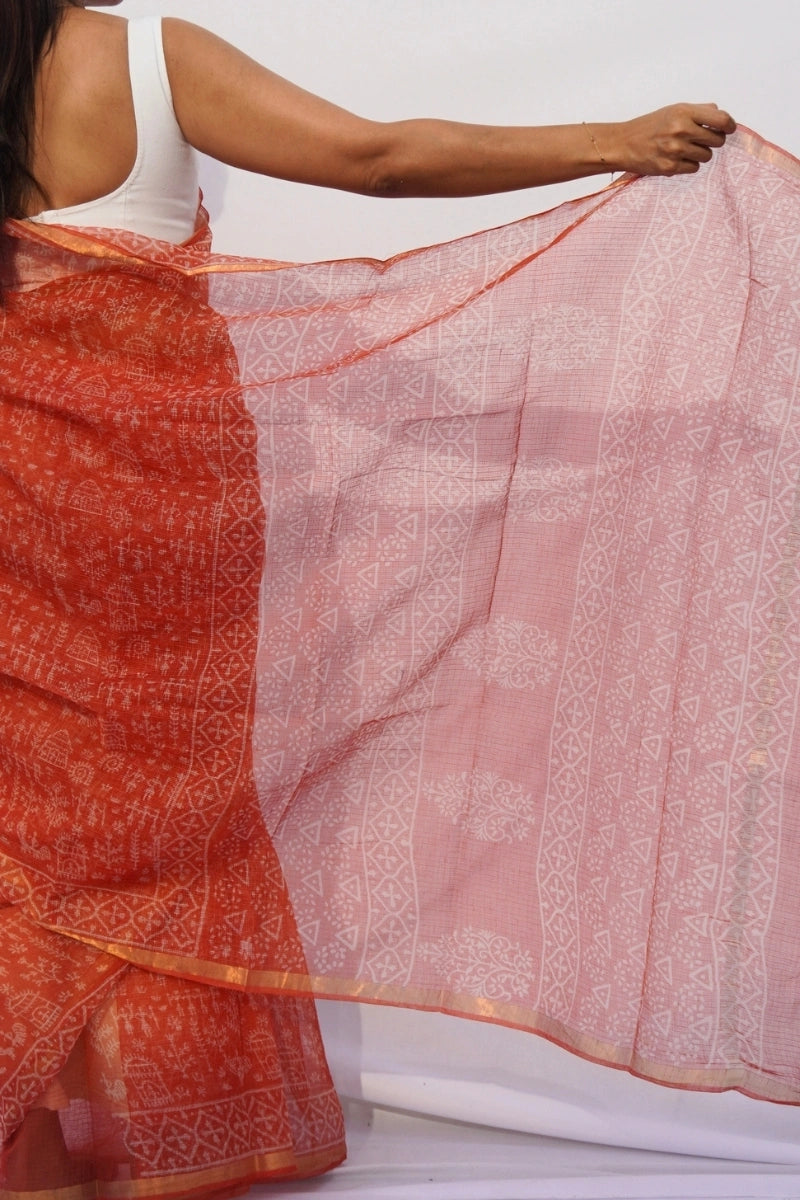 Terracotta Kota Doria Hand Block Printed Saree – Terracotta Orange & Ivory
