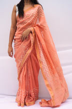 Maheshwari Silk Cotton Block Printed Saree – Peach & Ivory
