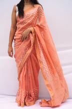 Maheshwari Silk Cotton Block Printed Saree – Peach & Ivory