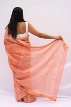 Maheshwari Silk Cotton Block Printed Saree – Peach & Ivory