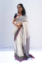 Phulia Handwoven Mul Cotton Saree â Ivory, Charcoal & Magenta