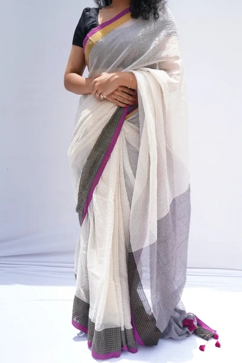 Phulia Handwoven Mul Cotton Saree â Ivory, Charcoal & Magenta