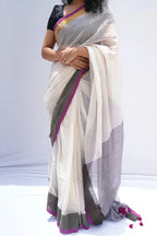 Phulia Handwoven Mul Cotton Saree â Ivory, Charcoal & Magenta