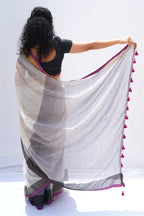 Phulia Handwoven Mul Cotton Saree â Ivory, Charcoal & Magenta