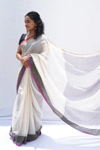 Phulia Handwoven Mul Cotton Saree â Ivory, Charcoal & Magenta