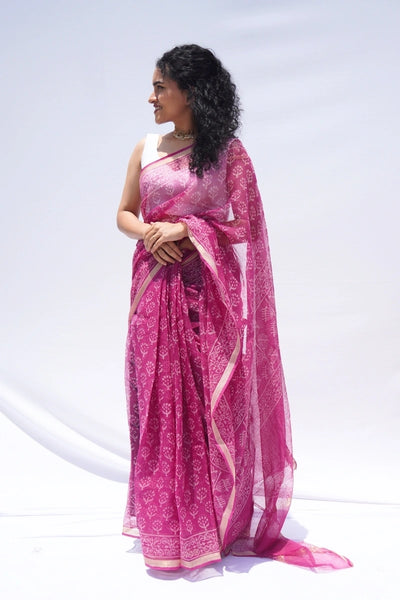 Fuchsia Kota Doria Hand Block Printed Saree – Fuchsia Pink & Ivory