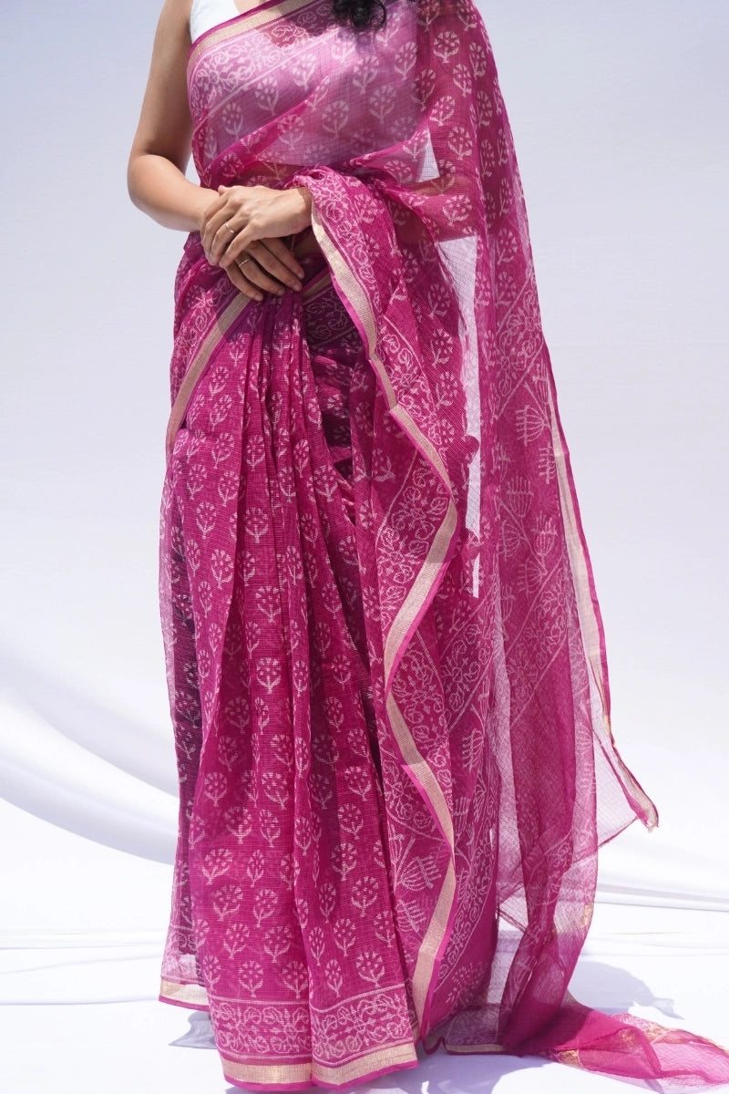 Fuchsia Kota Doria Hand Block Printed Saree – Fuchsia Pink & Ivory