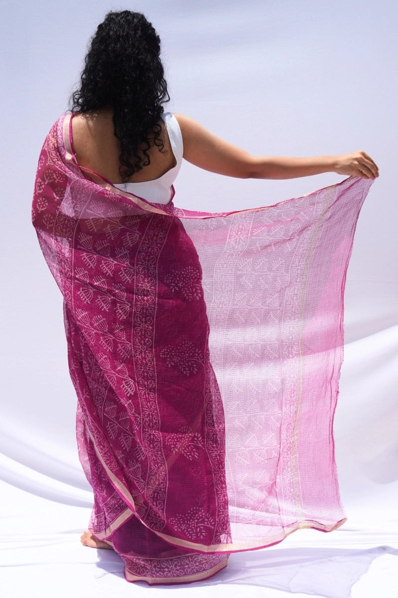 Fuchsia Kota Doria Hand Block Printed Saree – Fuchsia Pink & Ivory