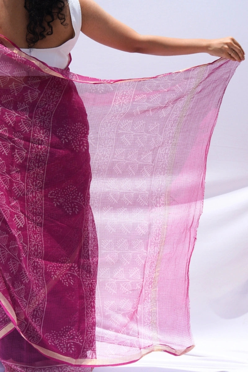 Fuchsia Kota Doria Hand Block Printed Saree – Fuchsia Pink & Ivory