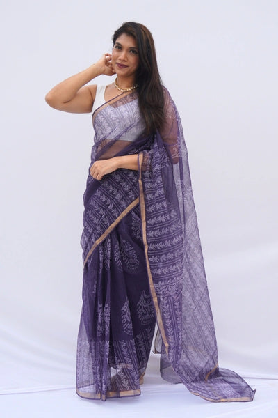 Amethyst Kota Doria Hand Block Printed Saree – Deep Purple & Ivory