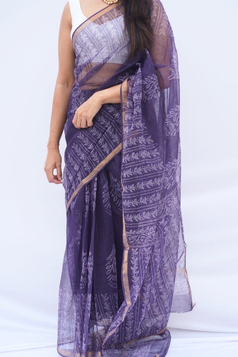 Amethyst Kota Doria Hand Block Printed Saree – Deep Purple & Ivory