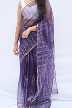 Amethyst Kota Doria Hand Block Printed Saree – Deep Purple & Ivory