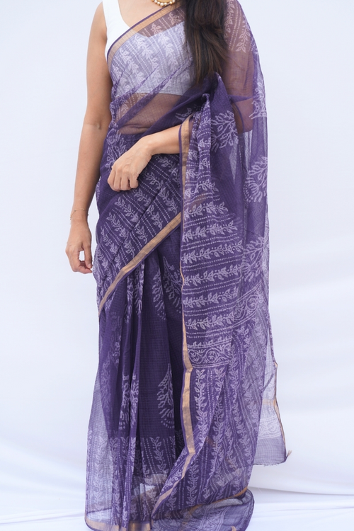 Amethyst Kota Doria Hand Block Printed Saree – Deep Purple & Ivory