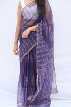 Amethyst Kota Doria Hand Block Printed Saree – Deep Purple & Ivory