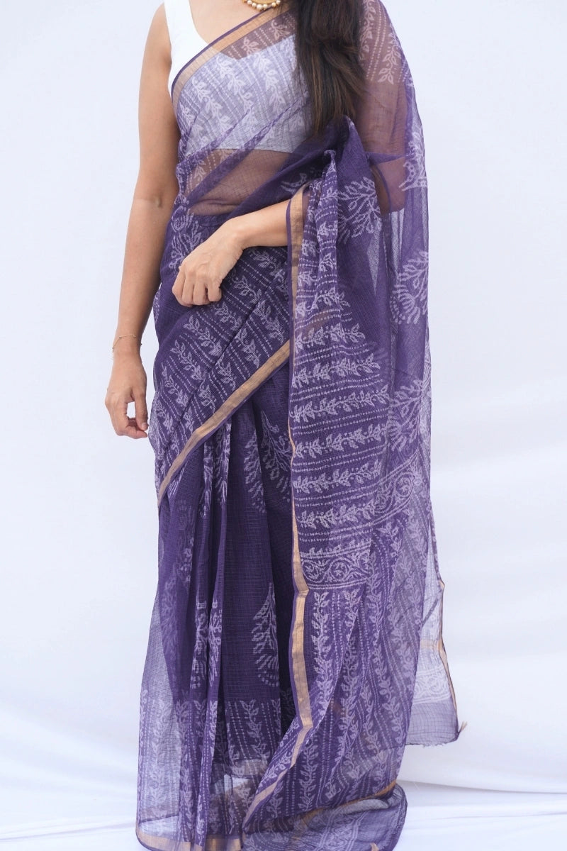 Amethyst Kota Doria Hand Block Printed Saree – Deep Purple & Ivory