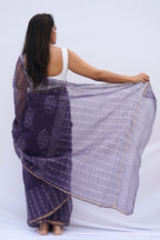 Amethyst Kota Doria Hand Block Printed Saree – Deep Purple & Ivory