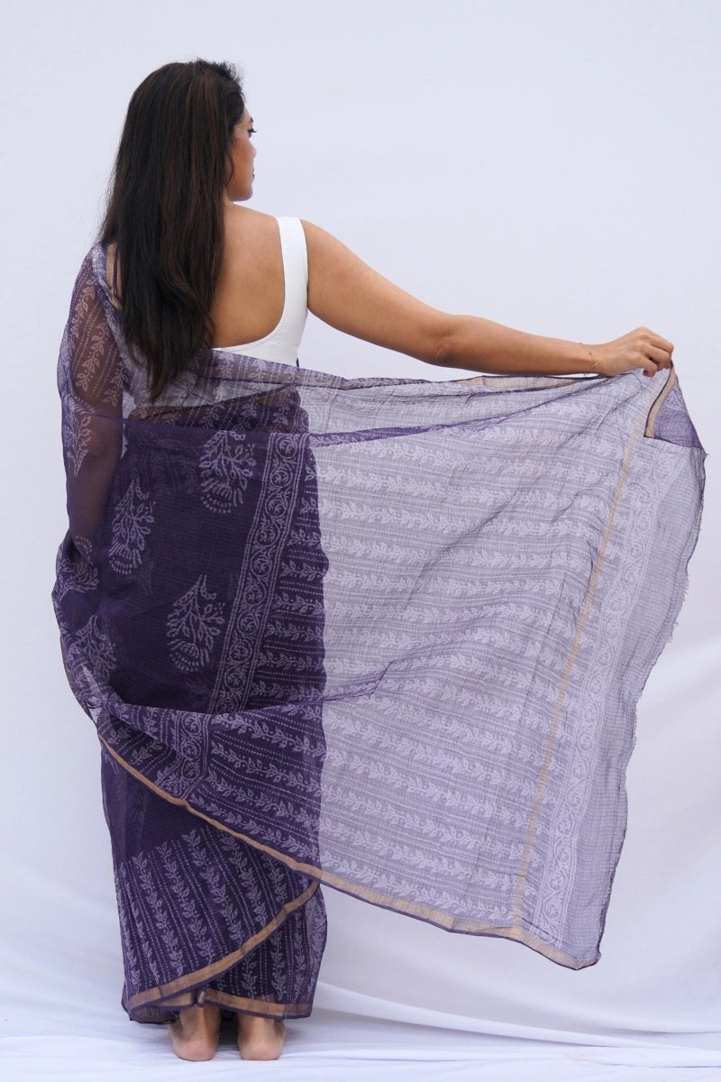 Amethyst Kota Doria Hand Block Printed Saree – Deep Purple & Ivory