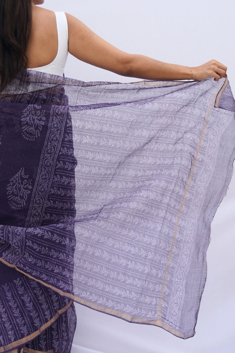 Amethyst Kota Doria Hand Block Printed Saree – Deep Purple & Ivory