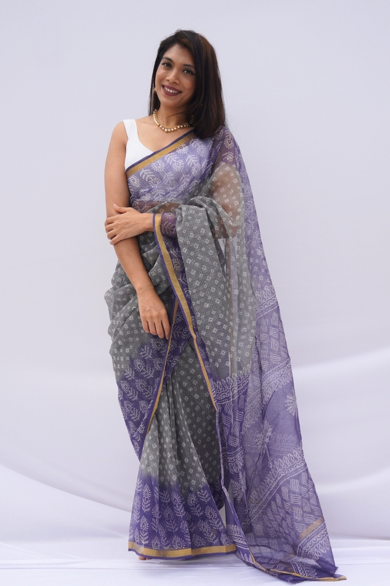 Lavender Haze Kota Doria Hand Block Printed Saree – Lavender Grey & Ivory