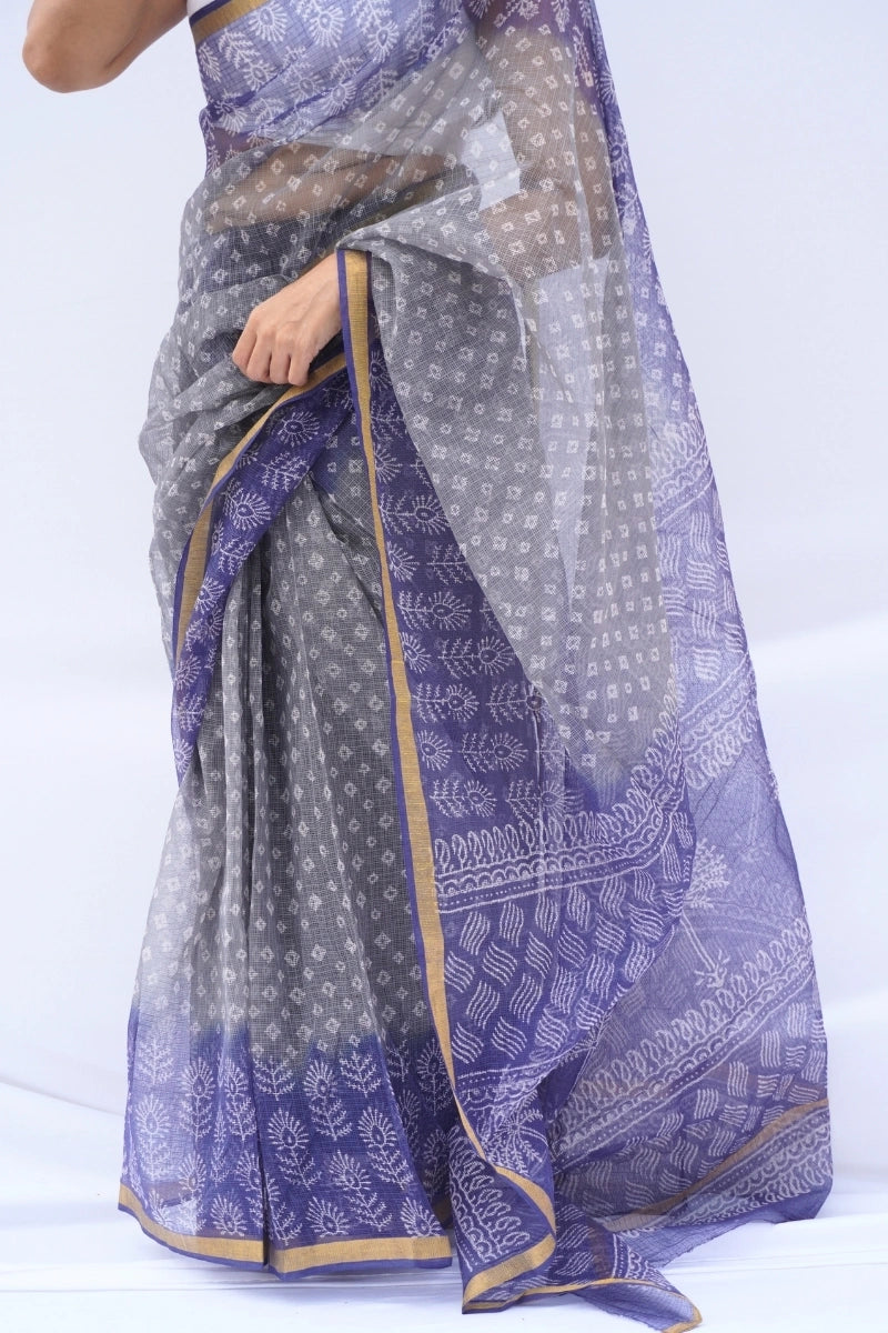 Lavender Haze Kota Doria Hand Block Printed Saree – Lavender Grey & Ivory_2