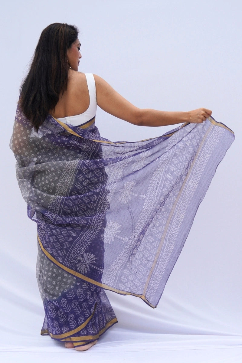 Lavender Haze Kota Doria Hand Block Printed Saree – Lavender Grey & Ivory_3