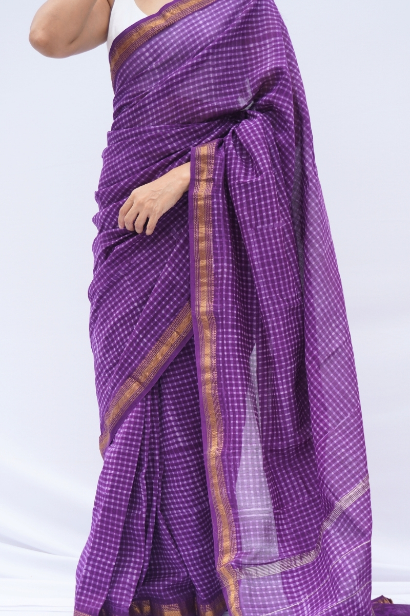 Maheshwari Silk Cotton Checkered Saree – Royal Purple