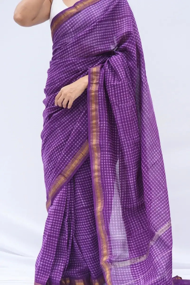 Maheshwari Silk Cotton Checkered Saree – Royal Purple